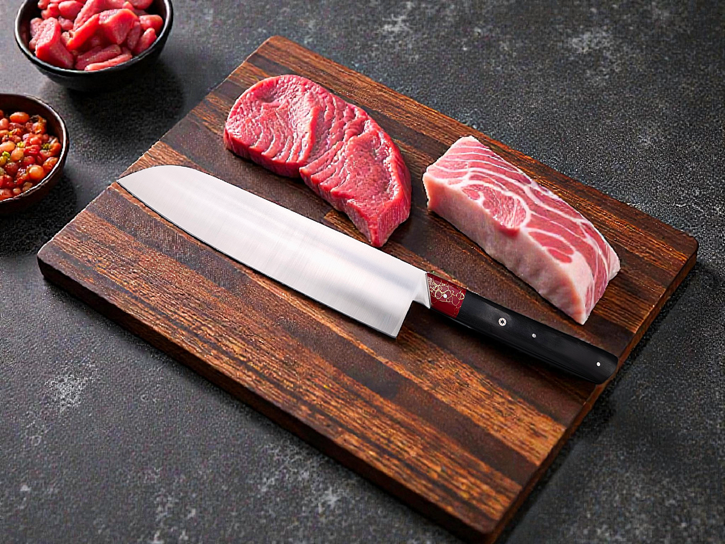 SANTOKU INOX, EBENE ET JASPE AVEC FILS D'OR